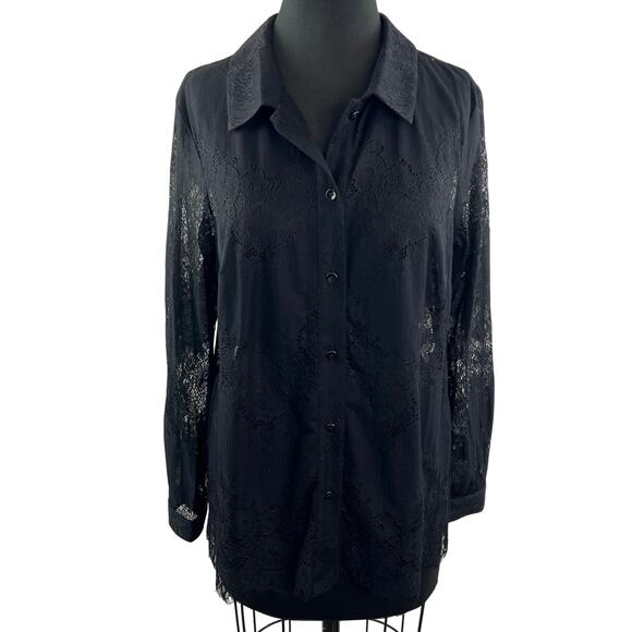 CABI St. Regis Black Blouse Floral Sheer Lace Collared Button-Up Size Medium M - Picture 2 of 11